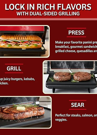 Panini Press - Sandwich Maker with Nonstick Plates - Indoor Countertop Grill for Cooking Burgers, Steak, Grilled Cheese, and More (Red)