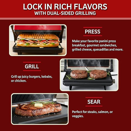Panini Press - Sandwich Maker with Nonstick Plates - Indoor Countertop Grill for Cooking Burgers, Steak, Grilled Cheese, and More (Red)