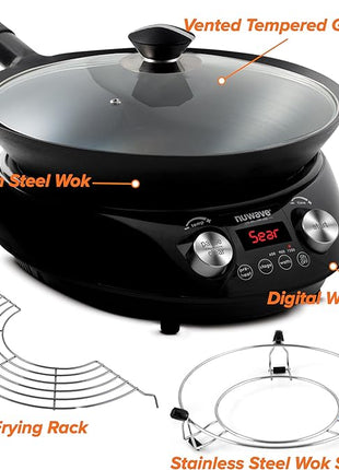 Nuwave Mosaic Induction Wok, Precise Temp Controls from 100°F to 575°F in 5°F, Wok Hei, Infuse Complex Charred Aroma & Flavor, 3 Watts 600,900 & 1500, Authentic 14-inch Carbon Steel Wok Included,Black