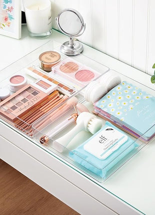 STORi SimpleSort 2-Piece Stackable Clear Drawer Organizer Set | 12" x 9" x 2" Rectangle Trays | Wide Makeup Vanity Storage Bins and Office Desk Drawer Dividers | Made in USA