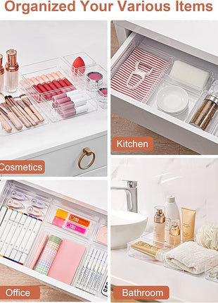 SMARTAKE 16-Piece Drawer Organizer with Non-Slip Silicone Pads, 5-Size Desk Storage Tray for Makeup, Jewelries, Utensils in Bedroom Dresser, Office and Kitchen, Clear