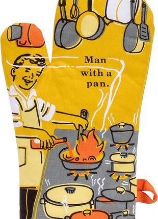 Blue Q Man With a Pan Funny Oven Mitts - Cute Oven Mitts, Home Kitchen Gifts, Cooking Accessories, Super-Insulated Quilting, Comfy Natural-Fitting Shape, 100% Cotton, Machine Wash, Size 12.5"L x 7.5"W