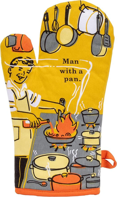 Blue Q Man With a Pan Funny Oven Mitts - Cute Oven Mitts, Home Kitchen Gifts, Cooking Accessories, Super-Insulated Quilting, Comfy Natural-Fitting Shape, 100% Cotton, Machine Wash, Size 12.5"L x 7.5"W