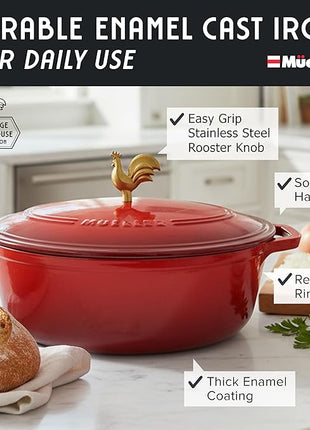 MUELLER HOME 5.5 Quart Enameled Cast Iron Oval Dutch Oven w Rooster Knob & Cotton Potholders, Heavy-Duty Cookware, Oven-Safe up to 500° F & Across All Cooktops, Gifts for Grandma & Women, Red