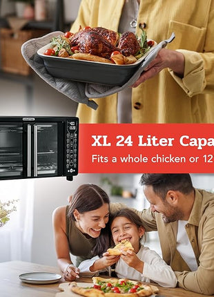 Gourmia Toaster Oven Air Fryer Combo 17 cooking presets 1700W french door digital air fryer oven 24L capacity accessories, convection rack, baking pan tray recipe book GTF7460,Large,Black