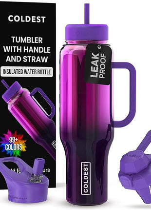 Coldest Tumbler with Handle and Straw - 100% Spill Proof Tumbler with Straw (3 Lids) - Stainless Steel Insulated Leakproof Tumblers for Women & Men - Cup Holder Friendly - 46 oz (Purple Nova)