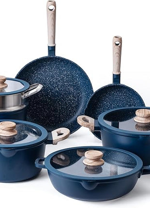 Country Kitchen Non-Stick Cast Aluminum Cookware Set - Durable Kitchen Cookware for Everyday Cooking, Navy Round Handle, 11 Pc.