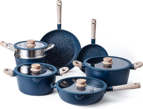 Country Kitchen Non-Stick Cast Aluminum Cookware Set - Durable Kitchen Cookware for Everyday Cooking, Navy Round Handle, 11 Pc.
