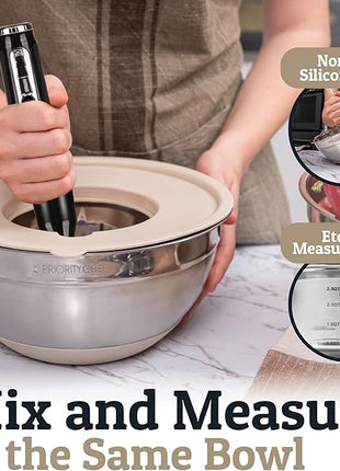 Priority Chef 6Pc Large Mixing Bowls With Lids Set with Non-Slip Bases, Stainless Steel Mixing Bowl Set, 6 Airtight Lids and 3 Graters, Khaki