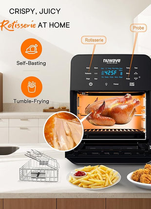 Nuwave Brio 15.5Qt Air Fryer Rotisserie Oven, X-Large Family Size, Powerful 1800W, 4 Rack Positions, 50°-425°F Temp Controls, 100 Presets & 50 Memory, Integrated Smart Thermometer, Linear T Technology