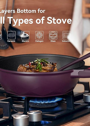 TIBORANG 8 in 1 Multipurpose 11 Inch 5 Quart Heat Indicator Nonstick Deep Frying Pan with Glass Lid,Steamed Grid,PFOA-Free,Dishwasher&Oven Safe,Works with All Stovetops (Midnight Purple)