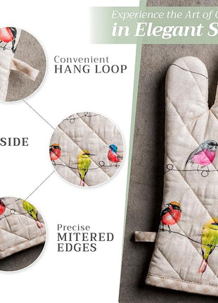 Maison d' Hermine 100% Cotton Oven Mitt & Pot Holder Set (7.5"x13" & 8"x8") Heat Resistant BBQ Cooking Gloves with Loop, Baking, Grilling, Kitchen, Handling Hot Pans Spring/Summer (Birdies On Wire)