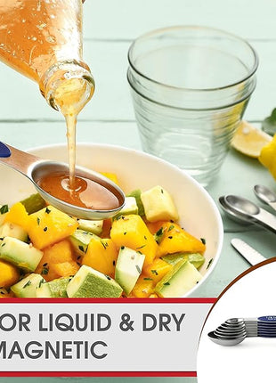 Spring Chef Stainless Steel Magnetic Measuring Spoons Set of 8 with Leveler, Heavy Duty Teaspoon & Tablespoon Measuring Spoons With Strong N45 Magnets, Kitchen Gadgets for Baking & Cooking - Sapphire