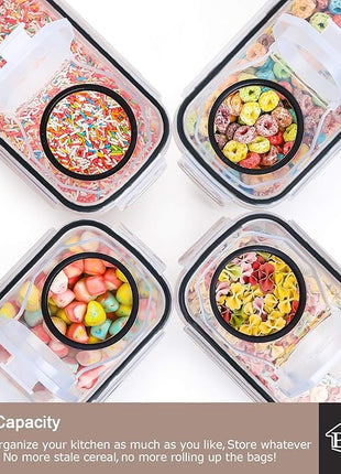 PRAKI 5PCS Cereal Containers Storage Set, BPA Free Airtight Food Storage Container Set with Lids, Kitchen Pantry Organization and Storage for Sugar, Baking Supplies with 20 Labels & Mark(4L Black)