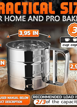 Flour Sifter for Baking – 3 Cup Flour Sifter Stainless Steel with Dual-Blade, Ergonomic Handle, Reinforced Base, Rust-Resistant and Easy to Wash – For Powdered Sugar, Cocoa, and Daily Baking Tasks
