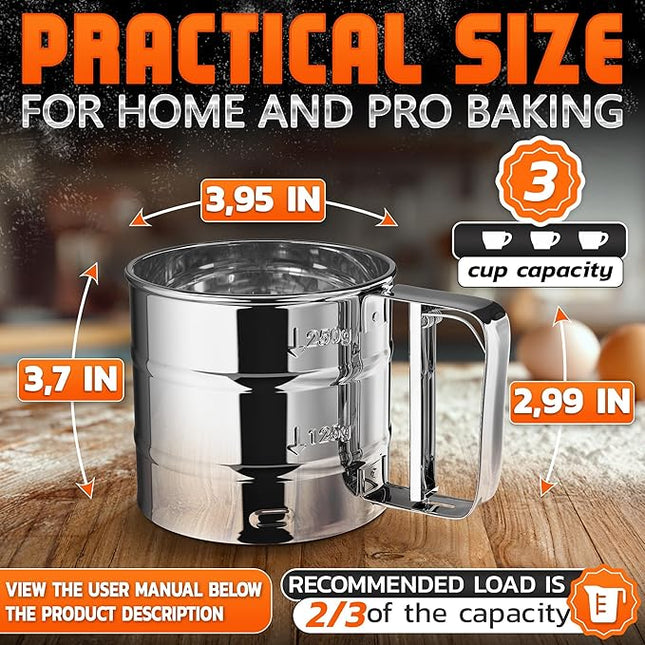 Flour Sifter for Baking – 3 Cup Flour Sifter Stainless Steel with Dual-Blade, Ergonomic Handle, Reinforced Base, Rust-Resistant and Easy to Wash – For Powdered Sugar, Cocoa, and Daily Baking Tasks