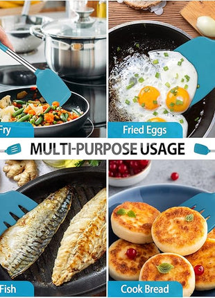 Pack of 4 Large Silicone Cooking Spatulas and Spoons, Slotted and Solid Stainless Steel Cooking Utensils Set, Non-stick Heat Resistant Kitchen for Baking, Fried, Stir-Fry, Mixing, Serving (Blue)