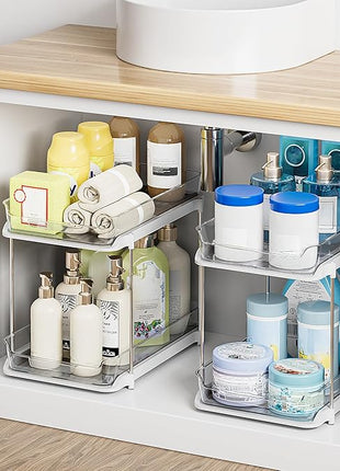 Delamu 2-Tier Multi-Purpose Bathroom Under Sink Organizers and Storage, Stackable Kitchen Pantry Organization, Pull Out Medicine Cabinet Organizer with Movable Dividers, White, 2 Pack