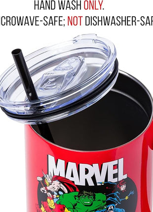 Silver Buffalo Marvel Avengers Stainless Steel Tumbler with Handle and Straw Featuring Captain America, Thor, Hulk, Iron Man, Black Widow, and Spiderman, Fits in Standard Cup Holder, 40 Ounces