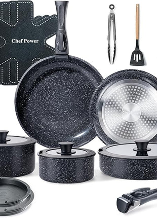 Chef Power Ceramic Nonstick Cookware Set 19 Piece with Detachable Handle, Induction Dishwasher Oven Safe Pans and Pots Set, RV Kitchen Set Removable Handle, Rock Stone Black