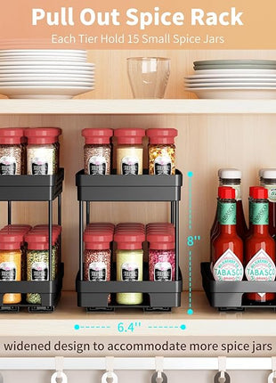 Pull Out Spice Rack Organizer for Cabinet, 2 Pack Widen Slide Out Spice Racks Organizer, Spice Cabinet Organizers, Cabinet Size Need:12'' Highx11'' Deepx6.75'' Wide,Hold 15 Spice Jar Each Tier-2Tier