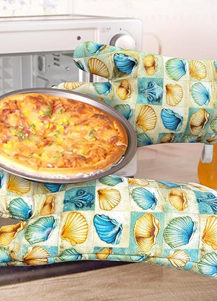 Oven Mitts Gloves 1 Pair Heat Resistant 480 ℉ Non Slip Clear Silicone Printed Shell Comfortable Cotton Lining Kitchen Men Cooking Barbecue Machine Washable (Shell, Beige Mitts)