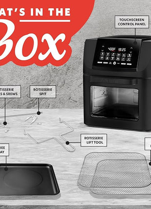 Gourmia Air Fryer - 14 Qt All-in-One Oven with Rotisserie, Digital Display with 12 Presets, Roast, Bake, Broil, Dehydrate, Dishwasher Safe Accessories, Black