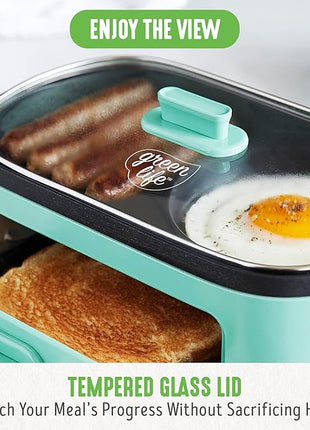 GreenLife 3-in-1 Breakfast Maker Station, Healthy Ceramic Nonstick Dual Griddles for Eggs Meat Sausage Bacon Pancakes and Breakfast Sandwiches, 2 Slice Toast Drawer, Easy-to-use Timer, Turquoise