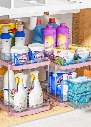 Delamu 2-Tier Multi-Purpose Bathroom Under Sink Organizers and Storage, Stackable Kitchen Pantry Organization, Pull Out Medicine Cabinet Organizer with Movable Dividers, Pink, 2 Pack