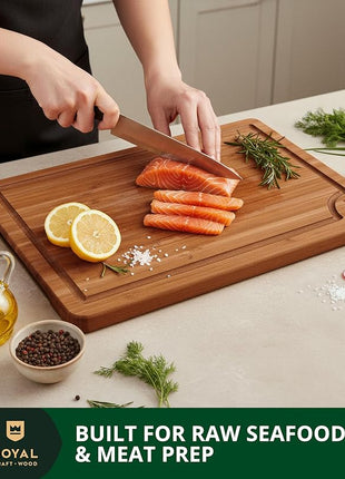 ROYAL CRAFT WOOD Wooden Cutting Boards for Kitchen Meal Prep & Serving - Bamboo Wood Serving Board Set with Deep Juice Groove Side Handles - Charcuterie & Chopping Butcher Block for Meat (3 Pcs)