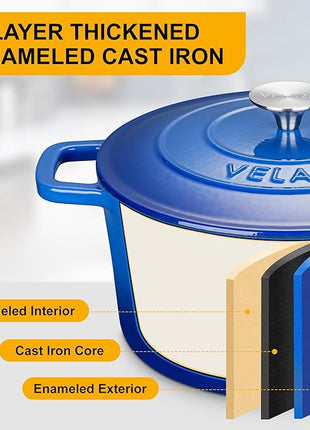 Velaze 6 QT Enameled Dutch Oven Pot with Lid, Cast Iron Dutch Oven with Dual Handles for Sourdough Bread Baking, Cooking, Non-stick Enamel Coated Cookware (Blue)