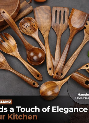 SPATUAMZ Wooden Spoons for Cooking, Teak Wood Nonstick Kitchen Utensils Set, Non-Toxic Wooden Spatula Set of 9 for Any Kitchen