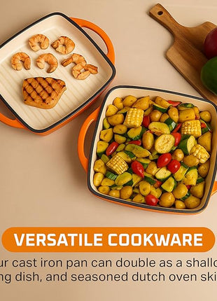 Bruntmor 11-Inch Enameled Cast Iron Cookware - 2-in-1 Square Cast Iron Casserole Dish with Lid and Dual Handles for Baking, Braising, and Roasting - Durable, Nonstick Skillet Dutch Oven, Pumpkin Spice