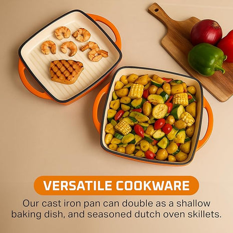 Bruntmor 11-Inch Enameled Cast Iron Cookware - 2-in-1 Square Cast Iron Casserole Dish with Lid and Dual Handles for Baking, Braising, and Roasting - Durable, Nonstick Skillet Dutch Oven, Pumpkin Spice