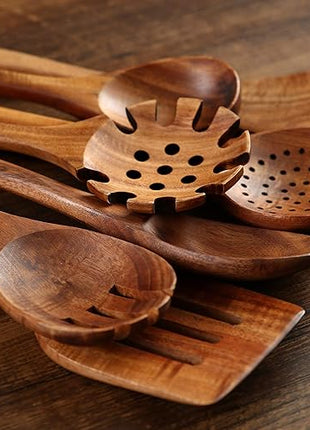 Wooden Kitchen Cooking Utensils Set, NAYAHOSE 7 Pcs Natural Teak Wooden Spoons and Spatulas for Non-stick Pan
