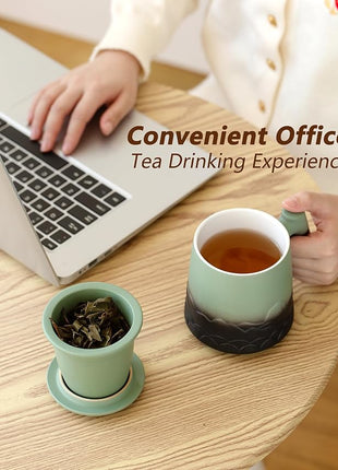 ZENS Tea Mug with Infuser and Lid for Loose Leaf Tea Steeper, 16.9 oz Embossed Ceramic Tea Cup with Fine Strainersand Wood Handle, Diffusers Accessories for Tea Lovers Gifts