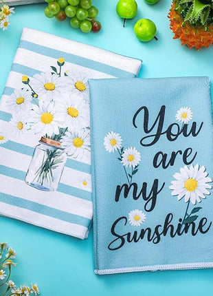 Boyiee Set of 6 Daisy Flower Kitchen Towels Daisy Stripes Tea Towels Floral Absorbent Dishtowels 24 x 16 Inches Housewarming Gifts Blue Hand Wash Cloth for Farmhouse Kitchen Bathroom Decorations