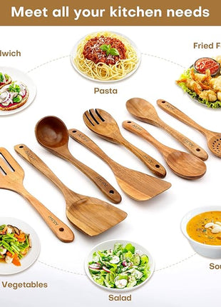 AIUHI Wood Spoons for Cooking, Nonstick Kitchen Utensil Set, Wooden Spoons Cooking Utensil Set Non Scratch Natural Teak Wooden Utensils for Cooking (Teak 8 Pack)
