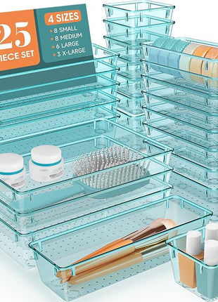 WOWBOX 25 PCS Plastic Drawer Organizer Set, 4 Sizes Desk Drawer Divider Organizers and Storage Bins for Makeup, Jewelry, Gadgets for Kitchen, Bedroom, Bathroom, Office, Sea Blue