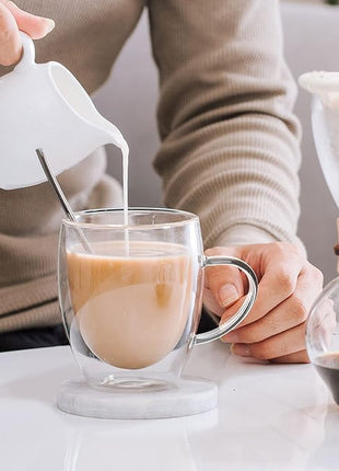 LIBWYS 6 Pack Double Walled Coffee Cups Glasses Mugs, 12oz Espresso Cappuccino Latte Tea Cups with Handle, Heat Resistant Borosilicate Clear Glasses 350ml