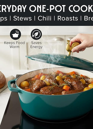 MUELLER HOME 5.5 Quart Enameled Cast Iron Oval Dutch Oven with Rooster Knob and Cotton Potholders, Heavy-Duty Cookware, Oven-Safe up to 500° F & Across All Cooktops, Thanksgiving Essentials, Emerald