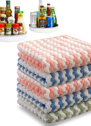 JOYMOOP Microfiber Cleaning Cloth, 5 PCS Kitchen Towels(10" x 10"), Absorbent Streak Free Lint Cleaning Cloths, Reusable and Washable Dish Rags with 12" and 10" Lazy Susan Organizer