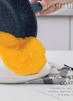 Country Kitchen Non-Stick Cast Aluminum Cookware Set - Durable Kitchen Cookware for Everyday Cooking, Navy Round Handle, 11 Pc.