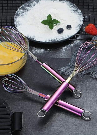 Berglander Rainbow Whisk Pack of 3 Stainless Steel 8",10",12", Titianium Plating Colorful Whisk for Cooking, Beater,Wire Whisk Set Kitchen Wisk (Rainbow)