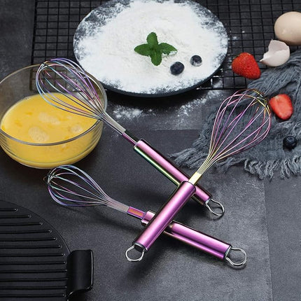 Berglander Rainbow Whisk Pack of 3 Stainless Steel 8",10",12", Titianium Plating Colorful Whisk for Cooking, Beater,Wire Whisk Set Kitchen Wisk (Rainbow)