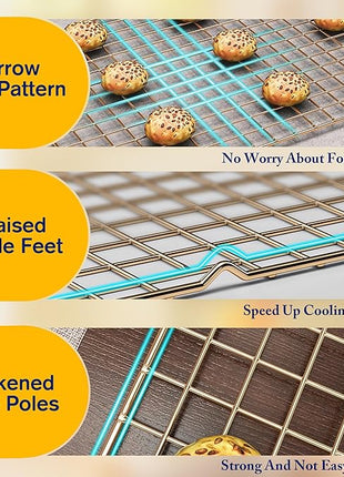 2-Pack Cooling Racks for Cooking and Baking - 10" x 15"Heavy Duty Stainless Steel Wire Rack for Baking, Grilling, Roasting - Oven & Dishwasher Safe - Fits Jelly Roll Sheet Pan（Gold）