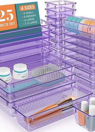WOWBOX 25 PCS Plastic Drawer Organizer Set, Desk Drawer Divider Organizers and Storage Bins for Makeup, Jewelry, Gadgets for Kitchen, Bedroom, Bathroom, Office, Clear Purple