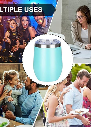 MEZMUT 12 Oz Insulated Wine Tumbler with Lid Double Wall Vacuum Stainless Steel Wine Glass Coffee Mug Insulated Tumbler Cup for Champaign, Cocktail, Beer (Teal, 4 Pack)