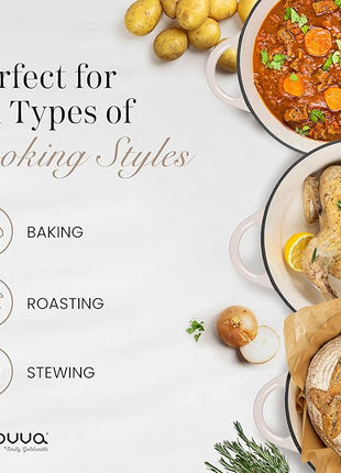 Nuovva Enamelled Cast Iron Dutch Oven Pot with Lid 6.4 Quart Non Stick Casserole Pot – Heavy Duty & Oven Safe up to 500° F for Bread Baking, Braising, Stews, Roasting – 28cm Oyster