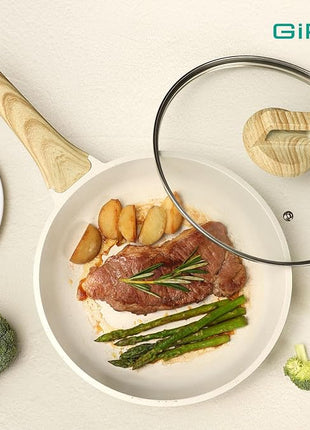 GiPP Nonstick Frying Pan Skillet with Lid - 9.5" White Granite Non Stick Pans, Omelette Pan with Heat-Resistant Handle, Compatible with All Stovetops, PFOA Free